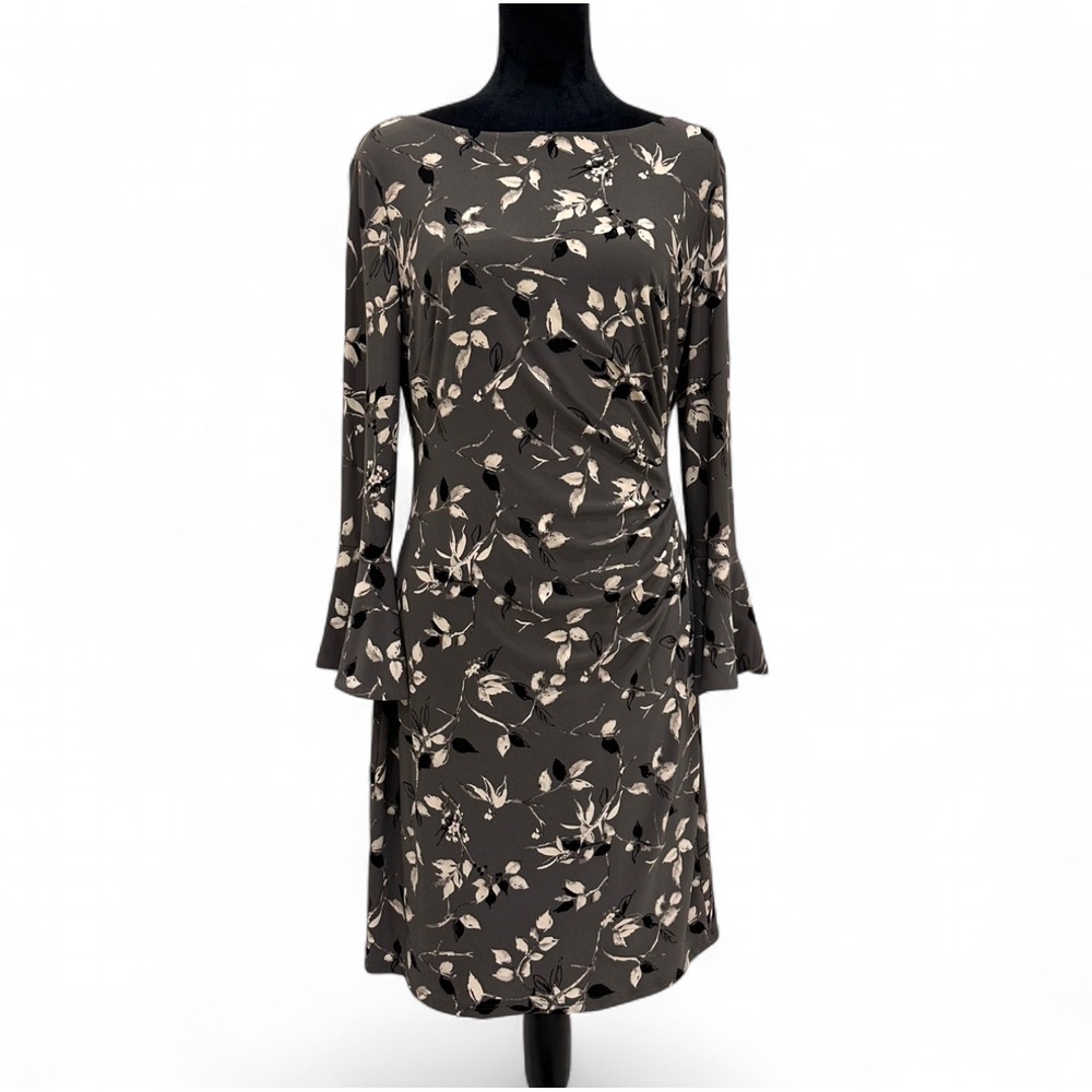 Lauren Ralph Lauren Gray‎ Floral Ruched Bell Sleeve Cocktail Party Dress 14